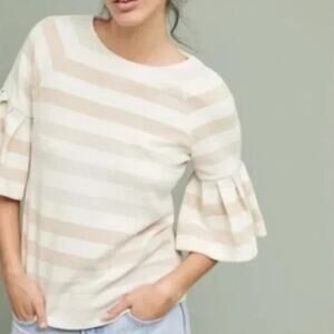Maeve Women's Cream, Gold & Silver Striped Metallic Flounce Sleeve Blouse Small